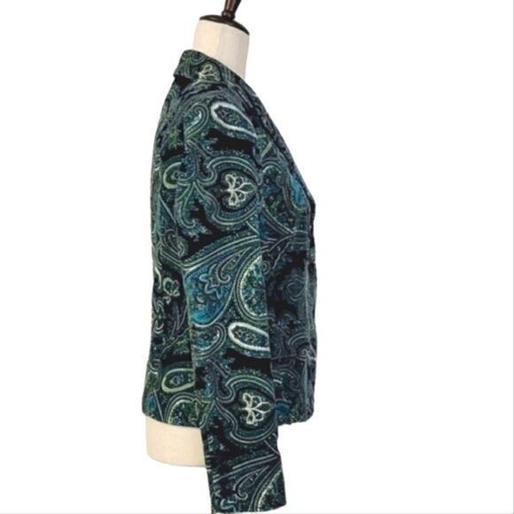 Talbots Teal Paisley Patterned Velvet Stretch Buttoned Blazer Size 4 - Picture 3 of 9